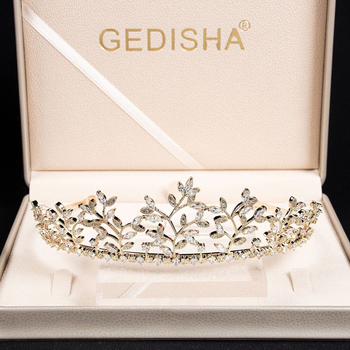 Coronă de cupru cu motiv frunză, zirconiu montat, accesoriu de păr pentru mireasă