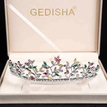 Coronă de cupru cu motiv frunză, zirconiu montat, accesoriu de păr pentru mireasă