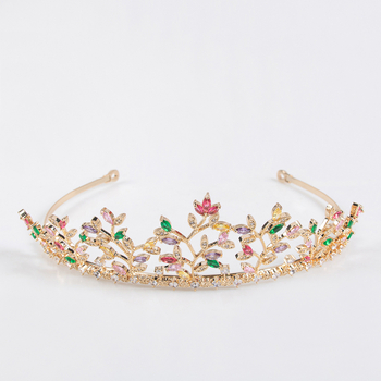 Coronă de cupru cu motiv frunză, zirconiu montat, accesoriu de păr pentru mireasă