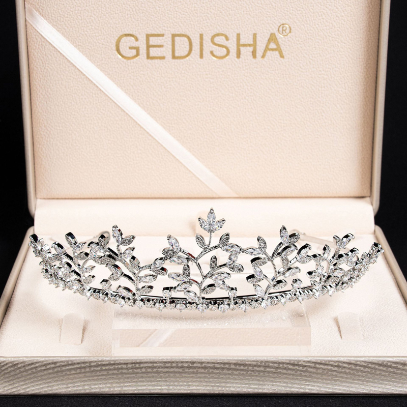 Coronă de cupru cu motiv frunză, zirconiu montat, accesoriu de păr pentru mireasă