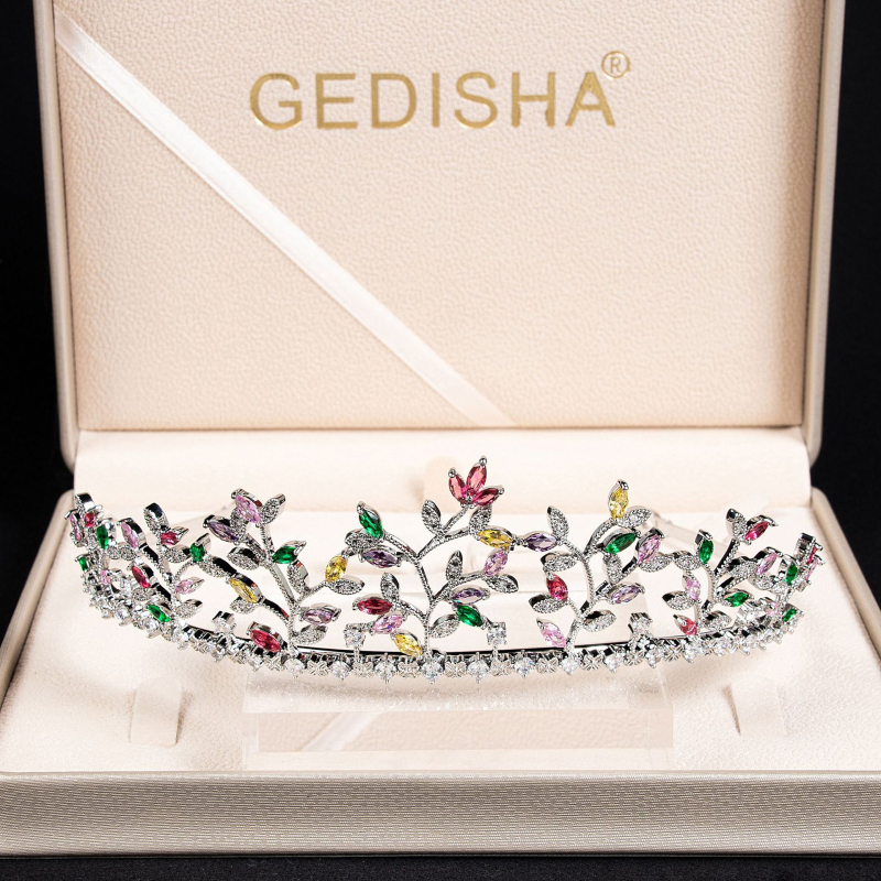 Coronă de cupru cu motiv frunză, zirconiu montat, accesoriu de păr pentru mireasă