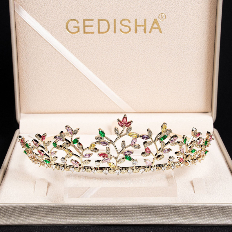 Coronă de cupru cu motiv frunză, zirconiu montat, accesoriu de păr pentru mireasă