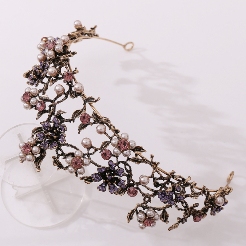 Μπαρόκ στέμμα νύφης με λουλουδάτο σχέδιο και κρύσταλλα αμέθιστου, διακοσμημένο με διαμάντια, κορεατικό στυλ κεφαλιού