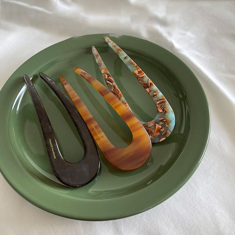 Xinxuan U-formájú hajcsat, koreai stílus, geometriai dizájn, anyag: acetátlemez