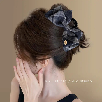 Shilaimeng kézzel készített hajcsipesz textil és akril alapanyagból, kockás masnival — fejfedő női visehez, pasztorális, friss és édes stílus