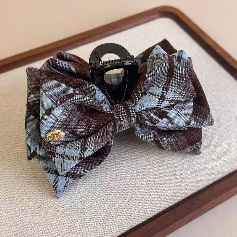 Shilaimeng kézzel készített hajcsipesz textil és akril alapanyagból, kockás masnival — fejfedő női visehez, pasztorális, friss és édes stílus