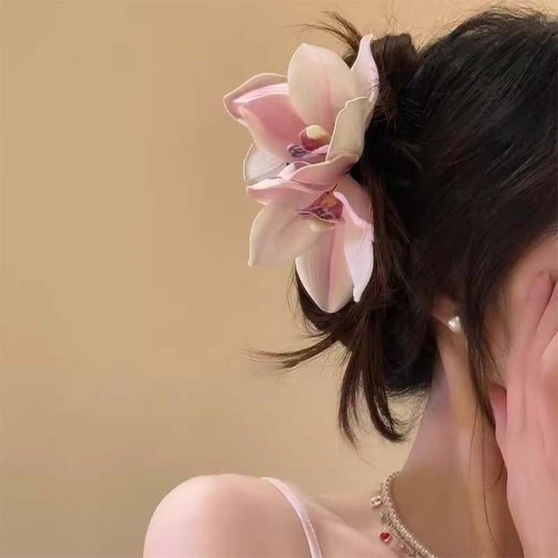 Hajcsipesz gyantából Cymbidium orchidea alakú fogóval, kézzel készített, shark clip típusú, nőknek, 2025 tavasz, pásztor stílus – friss és édes