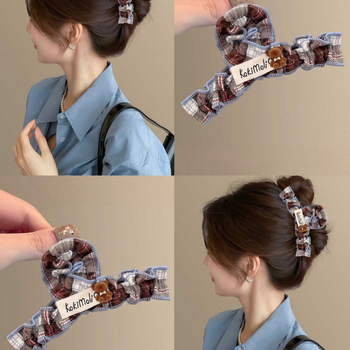 Műanyag hajcsat gripperezővel — koreai Preppy stílus kockás anyaggal és medve motívummal, kézzel készített, Xinglong Jewelry, nőknek