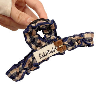 Műanyag hajcsat gripperezővel — koreai Preppy stílus kockás anyaggal és medve motívummal, kézzel készített, Xinglong Jewelry, nőknek