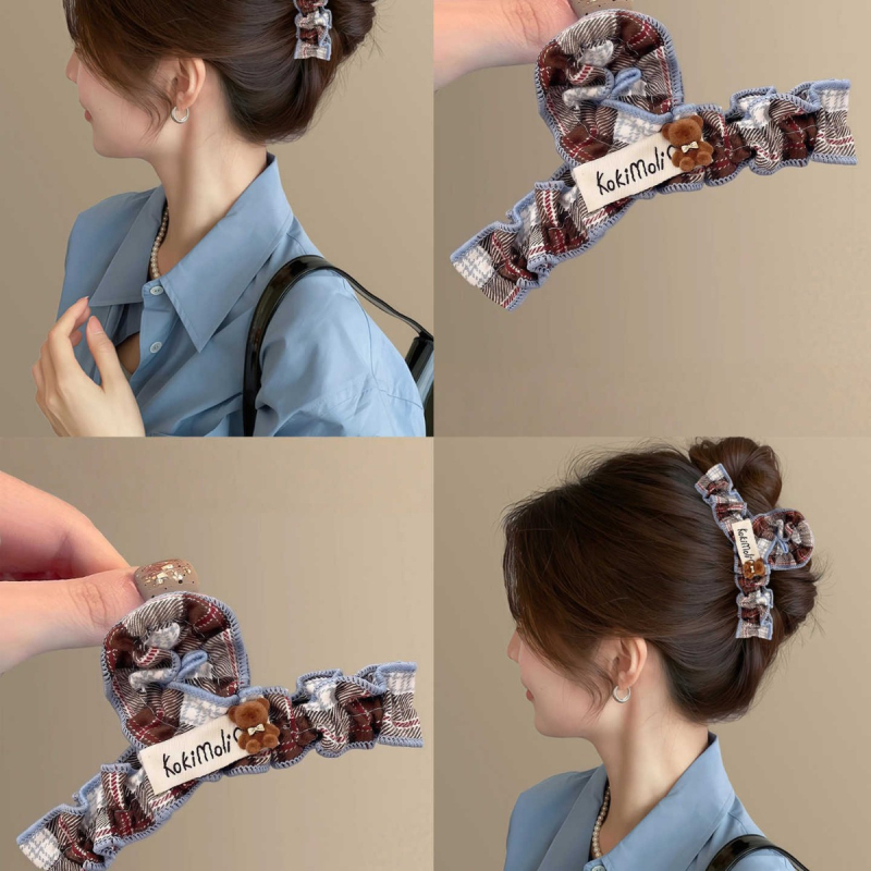 Műanyag hajcsat gripperezővel — koreai Preppy stílus kockás anyaggal és medve motívummal, kézzel készített, Xinglong Jewelry, nőknek