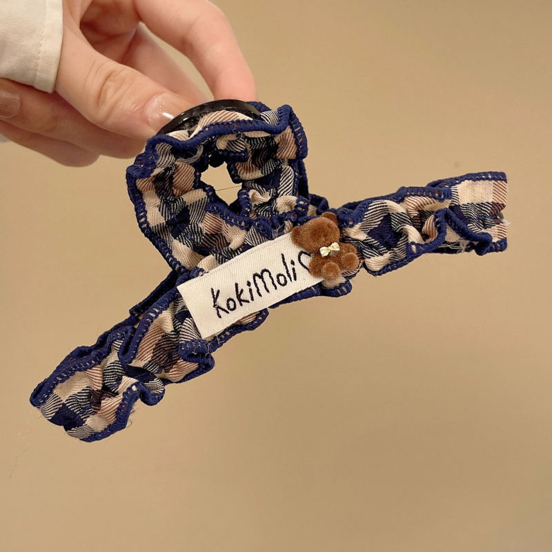 Műanyag hajcsat gripperezővel — koreai Preppy stílus kockás anyaggal és medve motívummal, kézzel készített, Xinglong Jewelry, nőknek