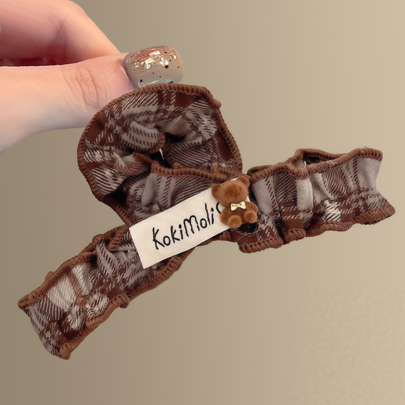 Műanyag hajcsat gripperezővel — koreai Preppy stílus kockás anyaggal és medve motívummal, kézzel készített, Xinglong Jewelry, nőknek