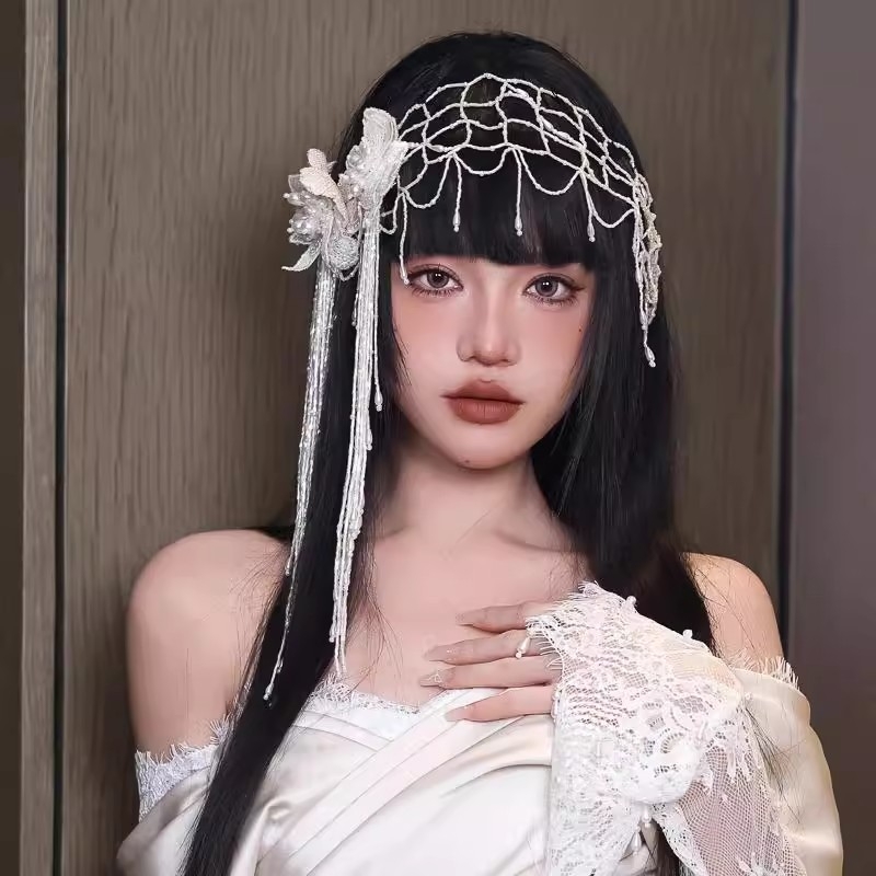 Νυφικό σετ κεφαλής με μαργαριτάρια και φούντα-τσιμπιδάκι για τα μαλλιά — χειροποίητο, κράμα ψευδάργυρου, στιλ Ins, μάρκα Xuan yan