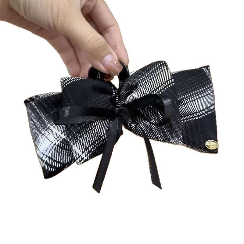 Accesoriu pentru păr cu funda în carouri, stil franțuzesc retro toamnă-iarnă, realizat manual, clip de prindere tip grip, pentru femei, headwear; materiale: plastic și țesătură