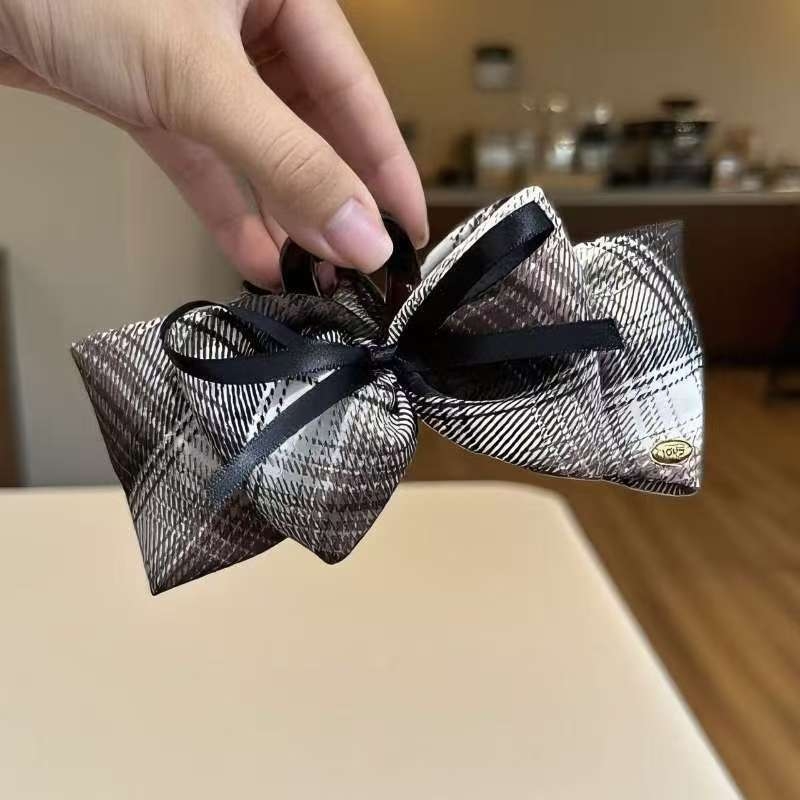 Accesoriu pentru păr cu funda în carouri, stil franțuzesc retro toamnă-iarnă, realizat manual, clip de prindere tip grip, pentru femei, headwear; materiale: plastic și țesătură