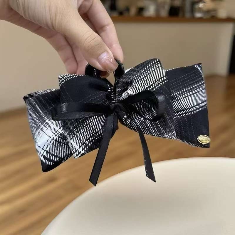 Accesoriu pentru păr cu funda în carouri, stil franțuzesc retro toamnă-iarnă, realizat manual, clip de prindere tip grip, pentru femei, headwear; materiale: plastic și țesătură