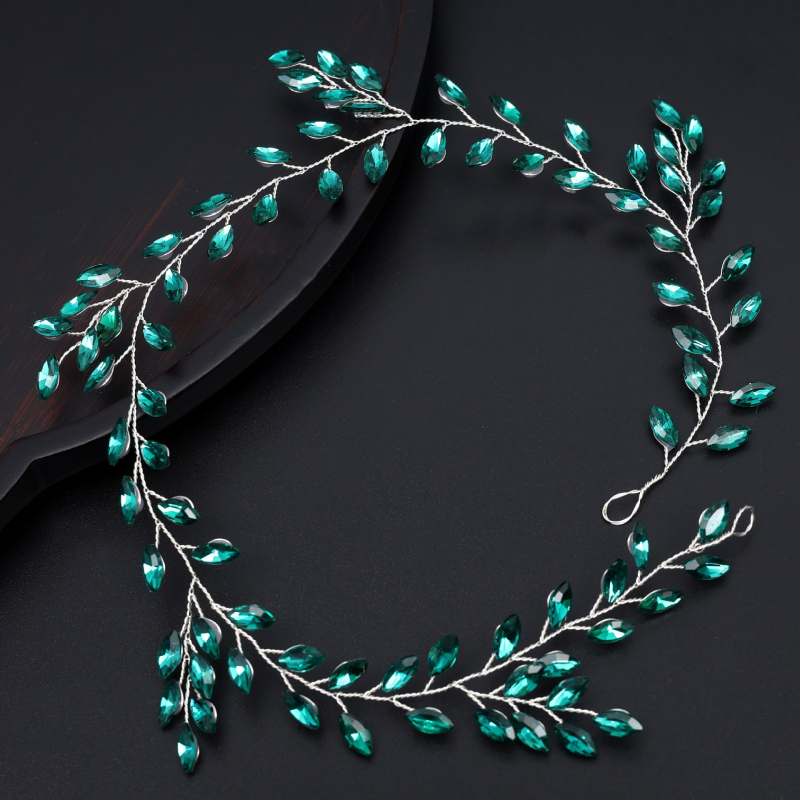 Diademă pentru păr în formă de frunză, cu diamante din sticlă în formă marquise, lanț moale, lucrată manual, accesoriu de nuntă.