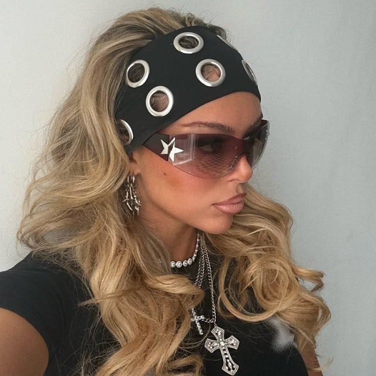 Bandă pentru cap lată, elastică, cu inel metalic, stil punk, primăvara 2024