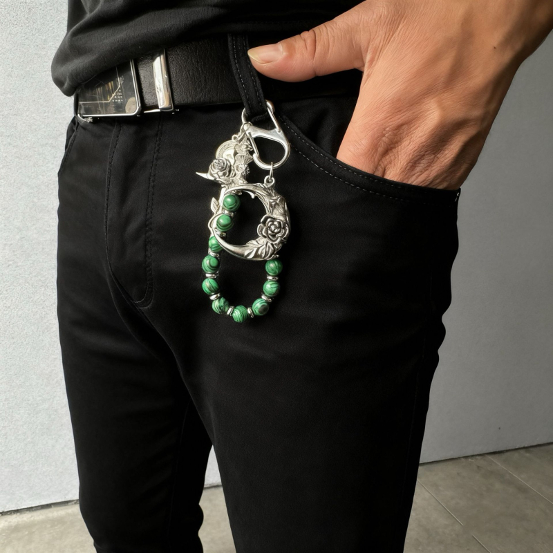 Hanmi Jewelry Malahitni lanac s privjeskom mjeseca i ružom, retro stil, premium ključna kopča s dvostrukim prstenom, originalni dizajn, izlazak jeseni 2025