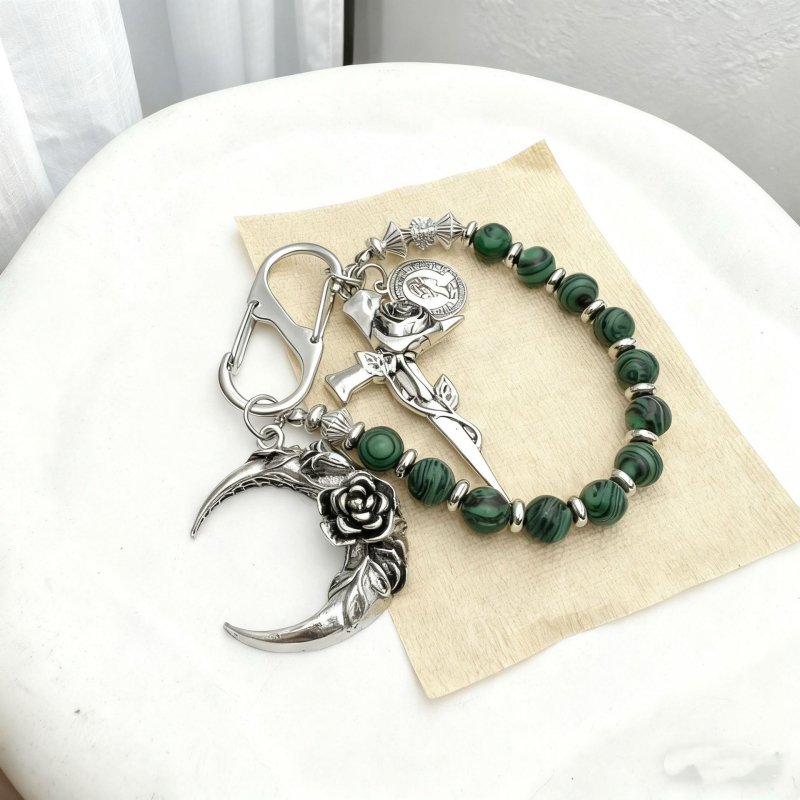 Hanmi Jewelry Malahitni lanac s privjeskom mjeseca i ružom, retro stil, premium ključna kopča s dvostrukim prstenom, originalni dizajn, izlazak jeseni 2025