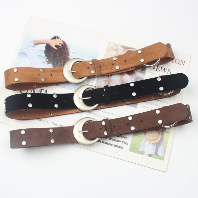 Curea PU în stil coreean, cu nituri, cataramă metalică, închidere cu pin, accesoriu premium talie, iarna 2025