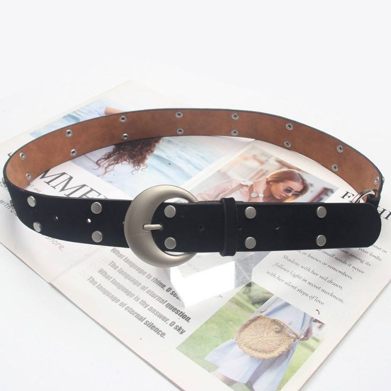 Curea PU în stil coreean, cu nituri, cataramă metalică, închidere cu pin, accesoriu premium talie, iarna 2025