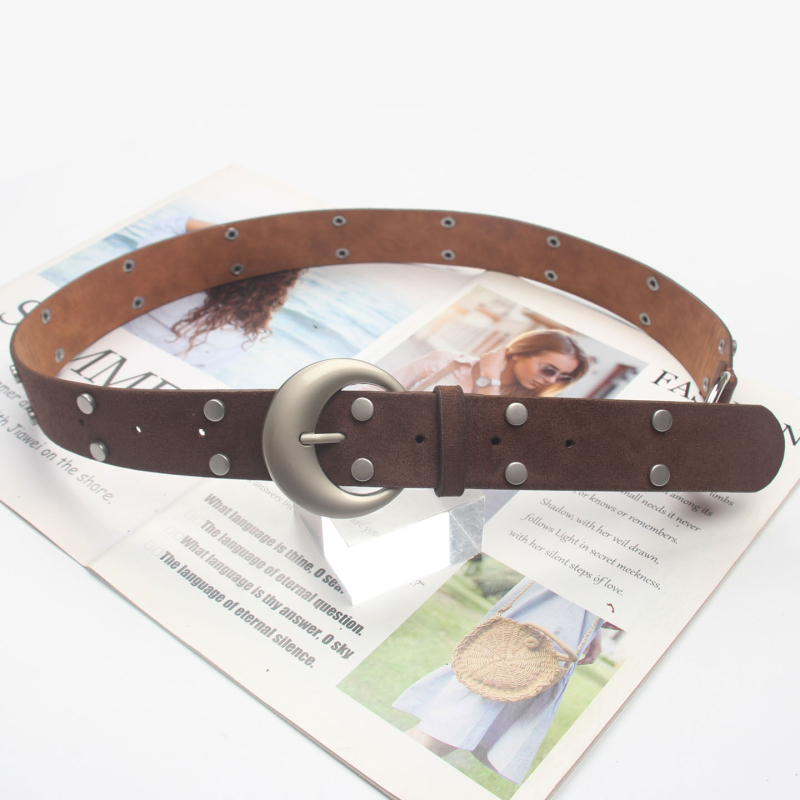 Curea PU în stil coreean, cu nituri, cataramă metalică, închidere cu pin, accesoriu premium talie, iarna 2025