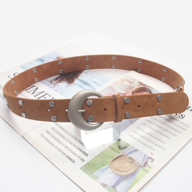 Curea PU în stil coreean, cu nituri, cataramă metalică, închidere cu pin, accesoriu premium talie, iarna 2025