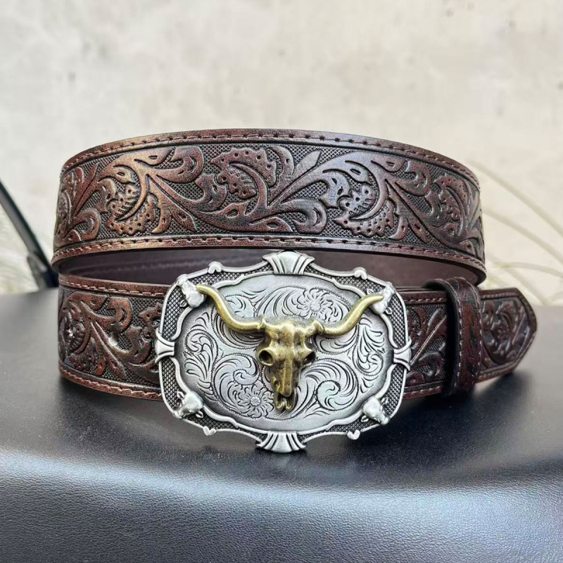 Curea pentru bărbați din piele PU cu catarama din aliaj, tip placă, finisaj embosat, design original