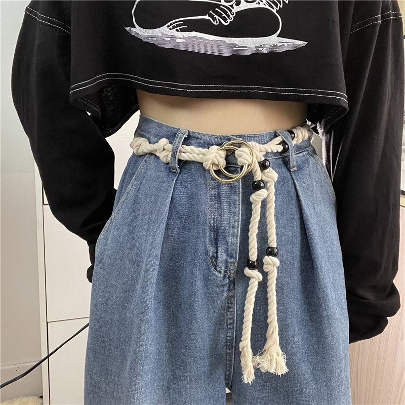 Curea din cânepă, cataramă din aliaj, închidere cu șnur, lățime subțire (<2 cm), stil coreean, accesoriu feminin etnic
