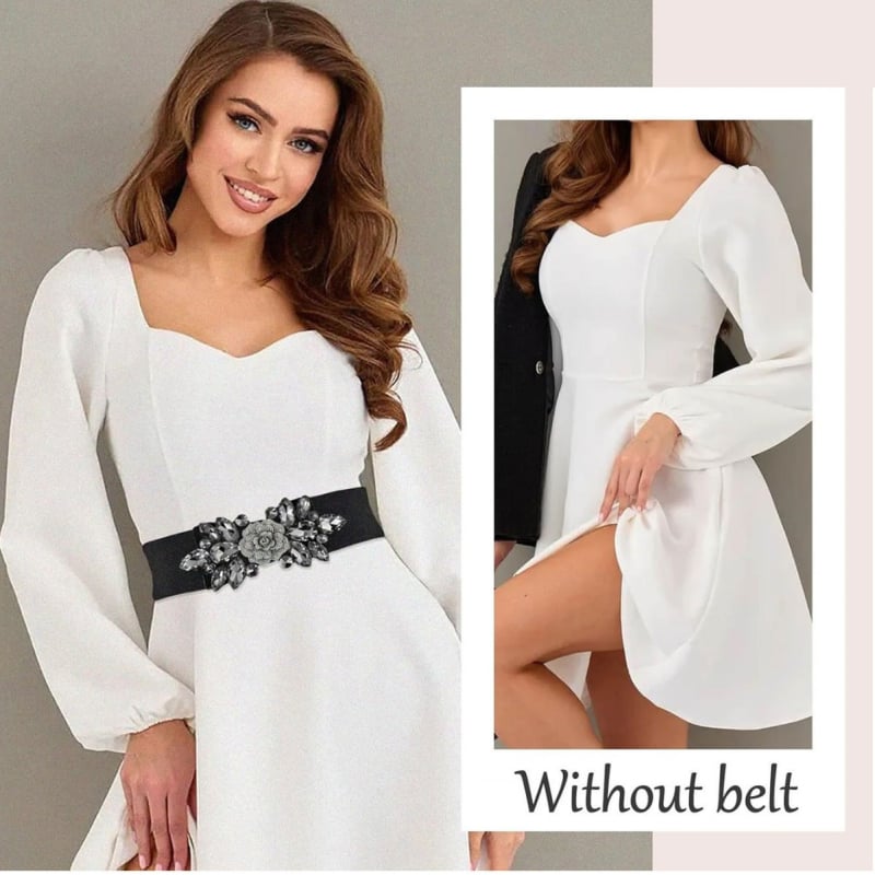 Női ruha széles övvel és virágos csattal, műbőr anyagú, csat ötvözet, snap-zárás, >4 cm szélesség, elektroplating felület