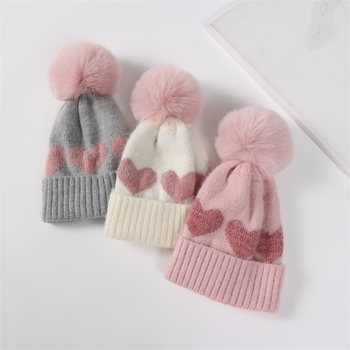 Zimska dječja pletena kapa s dvostrukim jacquard srcem, kupolasti oblik s rubom, akrilna vlakna, za dob 0–2 godine, Zhejiang