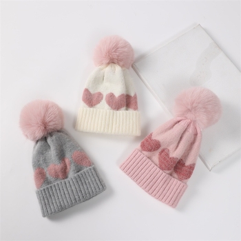 Zimska dječja pletena kapa s dvostrukim jacquard srcem, kupolasti oblik s rubom, akrilna vlakna, za dob 0–2 godine, Zhejiang