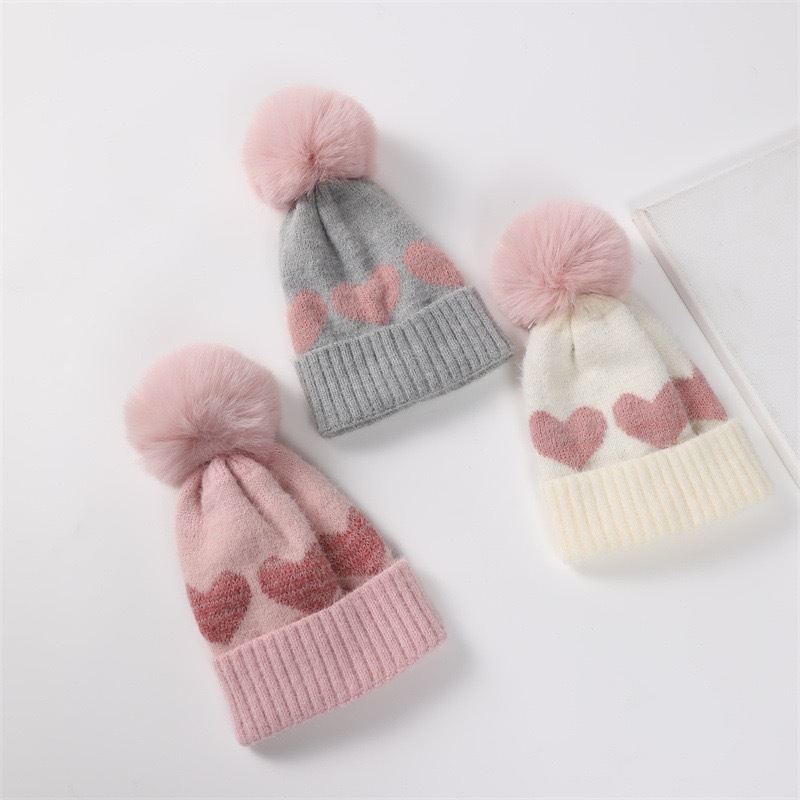 Zimska dječja pletena kapa s dvostrukim jacquard srcem, kupolasti oblik s rubom, akrilna vlakna, za dob 0–2 godine, Zhejiang