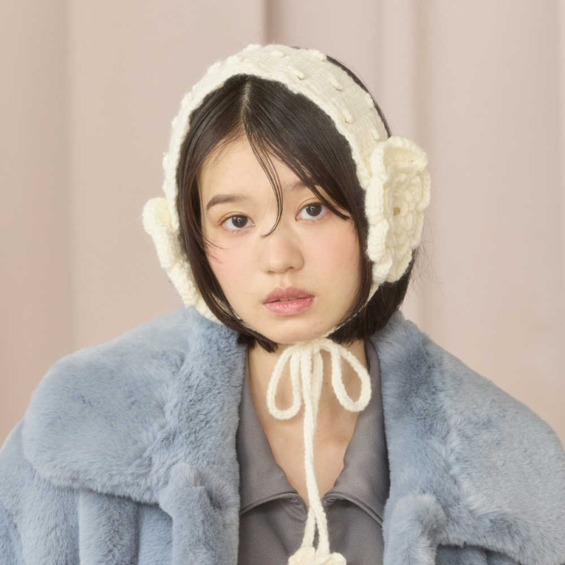 Ženski japanskog stila cvjetni pleteni držači za uši s vezicama, monokromni uzorak, poliester, grije, za vanjsku upotrebu zima jesen