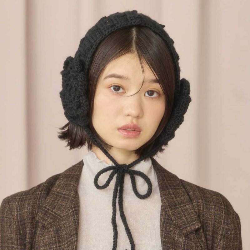 Ženski japanskog stila cvjetni pleteni držači za uši s vezicama, monokromni uzorak, poliester, grije, za vanjsku upotrebu zima jesen