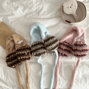 Ušne zaštitne navlake s kontrastnim prugama i vezicama, vunene, usklađivanje boja, održavaju toplinu, za odrasle žene, jesen-zima