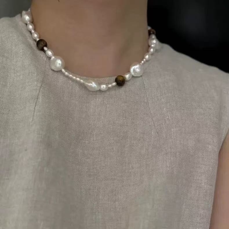 Rézötvözetből készült nyaklánc tigriszem gyöngyökkel, geometriai forma, gravírozott medál, gyöngysor lánc, nőknek, középkori retro stílus