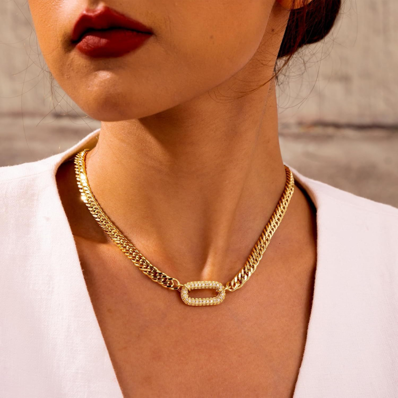 Geometriai réz cirkónium nyaklánc kubai lánccal, gyémántos megmunkálású medál, uniszex