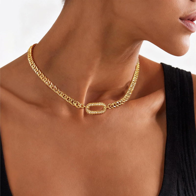 Geometriai réz cirkónium nyaklánc kubai lánccal, gyémántos megmunkálású medál, uniszex