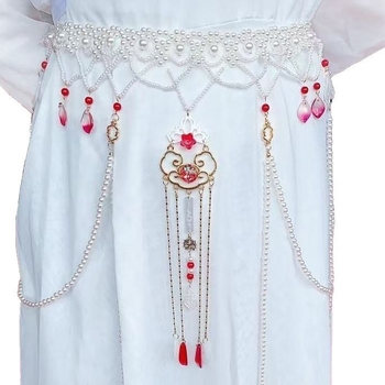 Hanfu-stílusú deréklánc imitációs gyöngyökkel és bojtokkal, kézzel kötött, geometriai dizájn