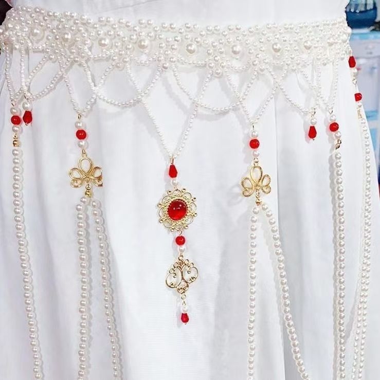 Hanfu-stílusú deréklánc imitációs gyöngyökkel és bojtokkal, kézzel kötött, geometriai dizájn