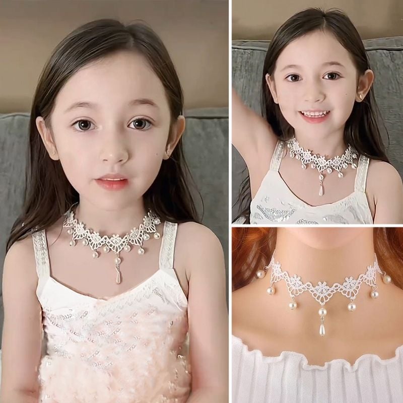 Mesterséges gyöngyökből készült nyaklánc, csipkés rész, csepp alakú kivitel, édes stílus, 2024 ősz