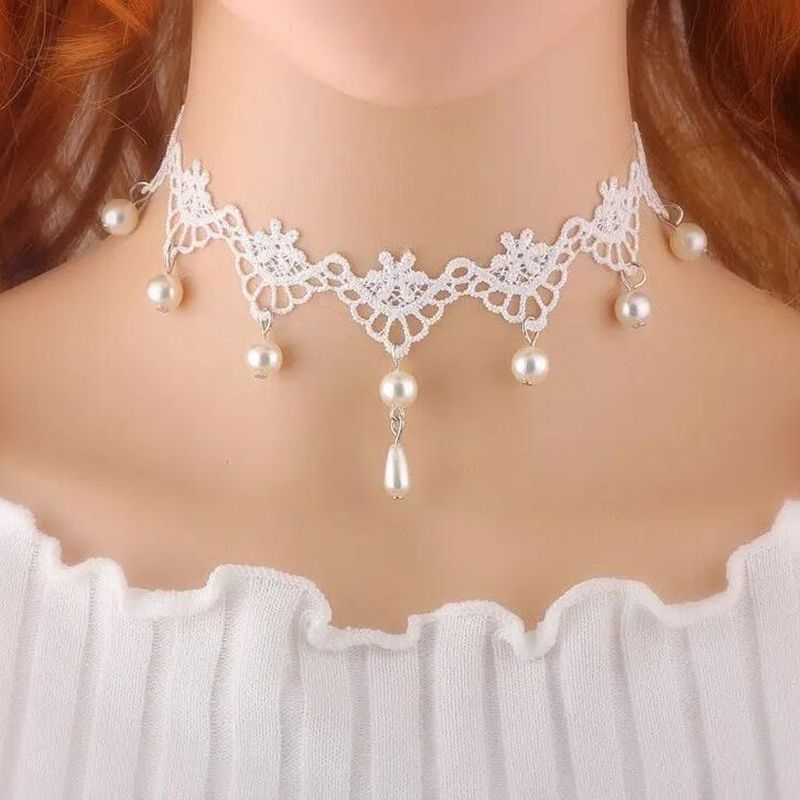 Mesterséges gyöngyökből készült nyaklánc, csipkés rész, csepp alakú kivitel, édes stílus, 2024 ősz