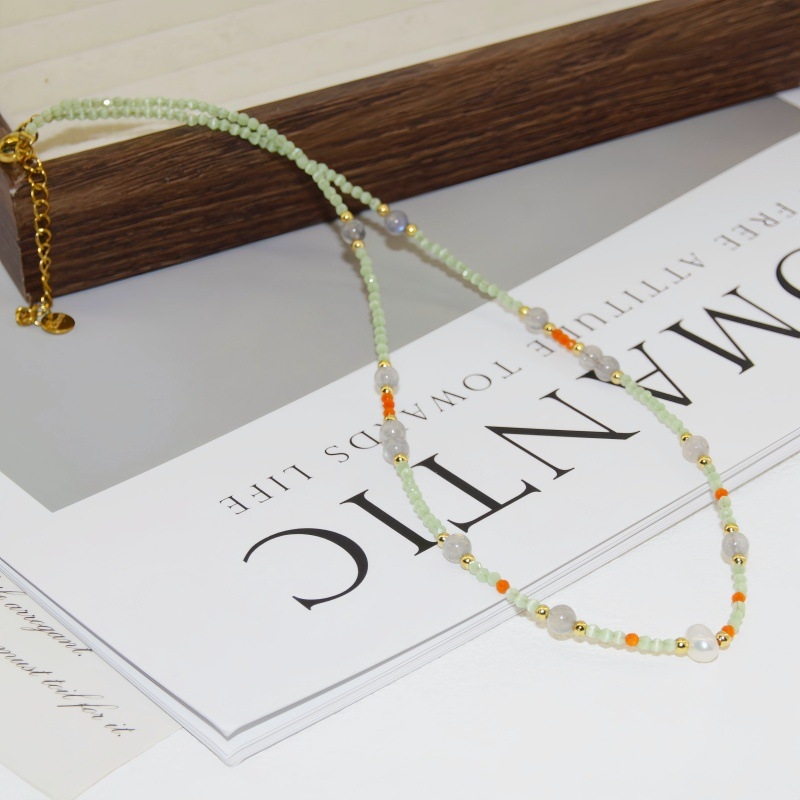 Ogrlica od titan čelika s kristalnom perlom, ručno nizana perla, U‑oblik geometrijski dizajn, standardni lanac, elektropliranje