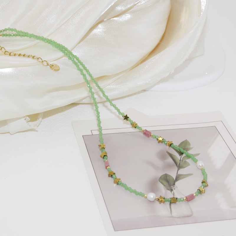 Ogrlica od titan čelika s kristalnom perlom, ručno nizana perla, U‑oblik geometrijski dizajn, standardni lanac, elektropliranje