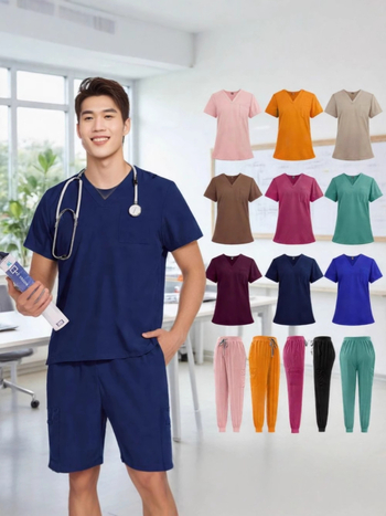 Unisex uniforma za medicinske sestre – split set, kratke rukave, V-dekolte, prozračan brzo-sušeći materijal od poliestera i spandexa, ljeto-proljeće