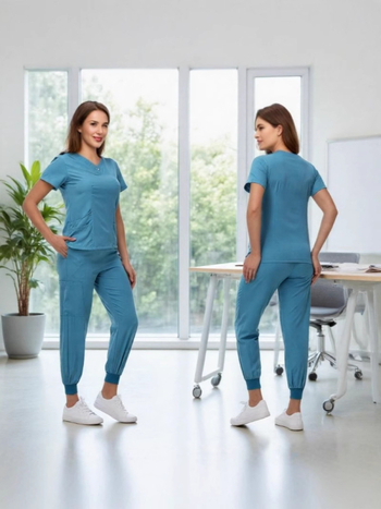 Unisex uniforma za medicinske sestre – split set, kratke rukave, V-dekolte, prozračan brzo-sušeći materijal od poliestera i spandexa, ljeto-proljeće