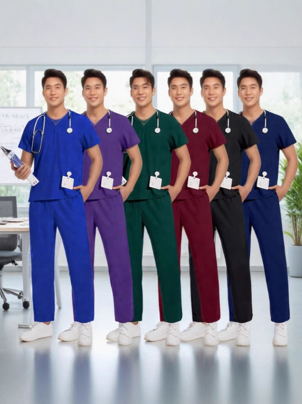 Unisex uniforma za medicinske sestre – split set, kratke rukave, V-dekolte, prozračan brzo-sušeći materijal od poliestera i spandexa, ljeto-proljeće