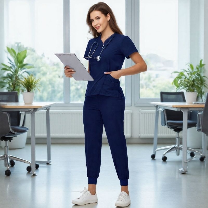 Unisex uniforma za medicinske sestre – split set, kratke rukave, V-dekolte, prozračan brzo-sušeći materijal od poliestera i spandexa, ljeto-proljeće